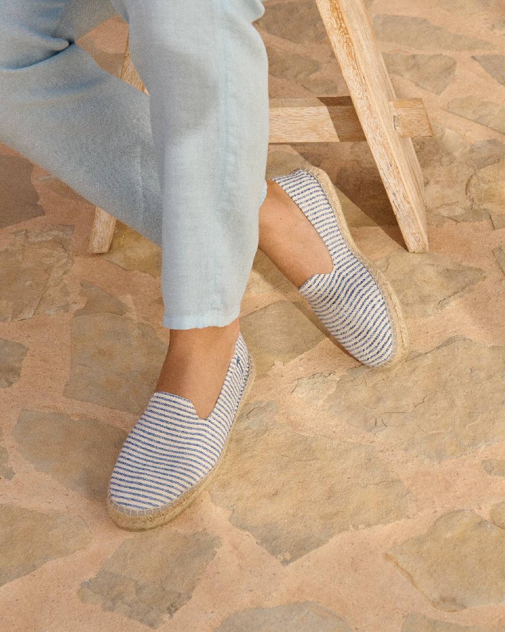 Manebí Recycled Cotton Canvas Espadrilles - Navy Blue Micro Stripes On Beige Acquista Ora