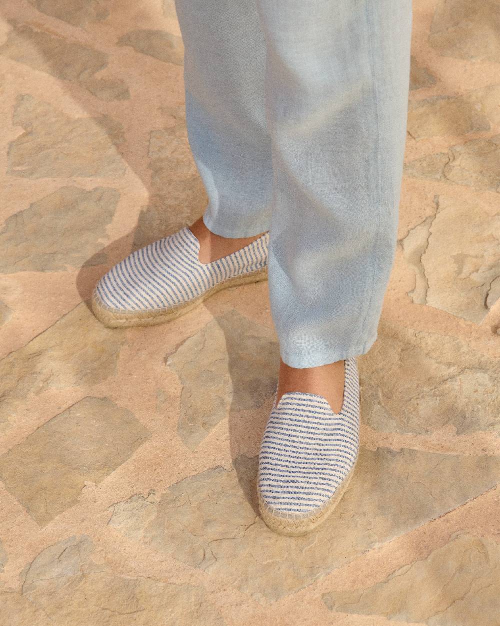 Manebí Recycled Cotton Canvas Espadrilles - Navy Blue Micro Stripes On Beige Acquista Ora