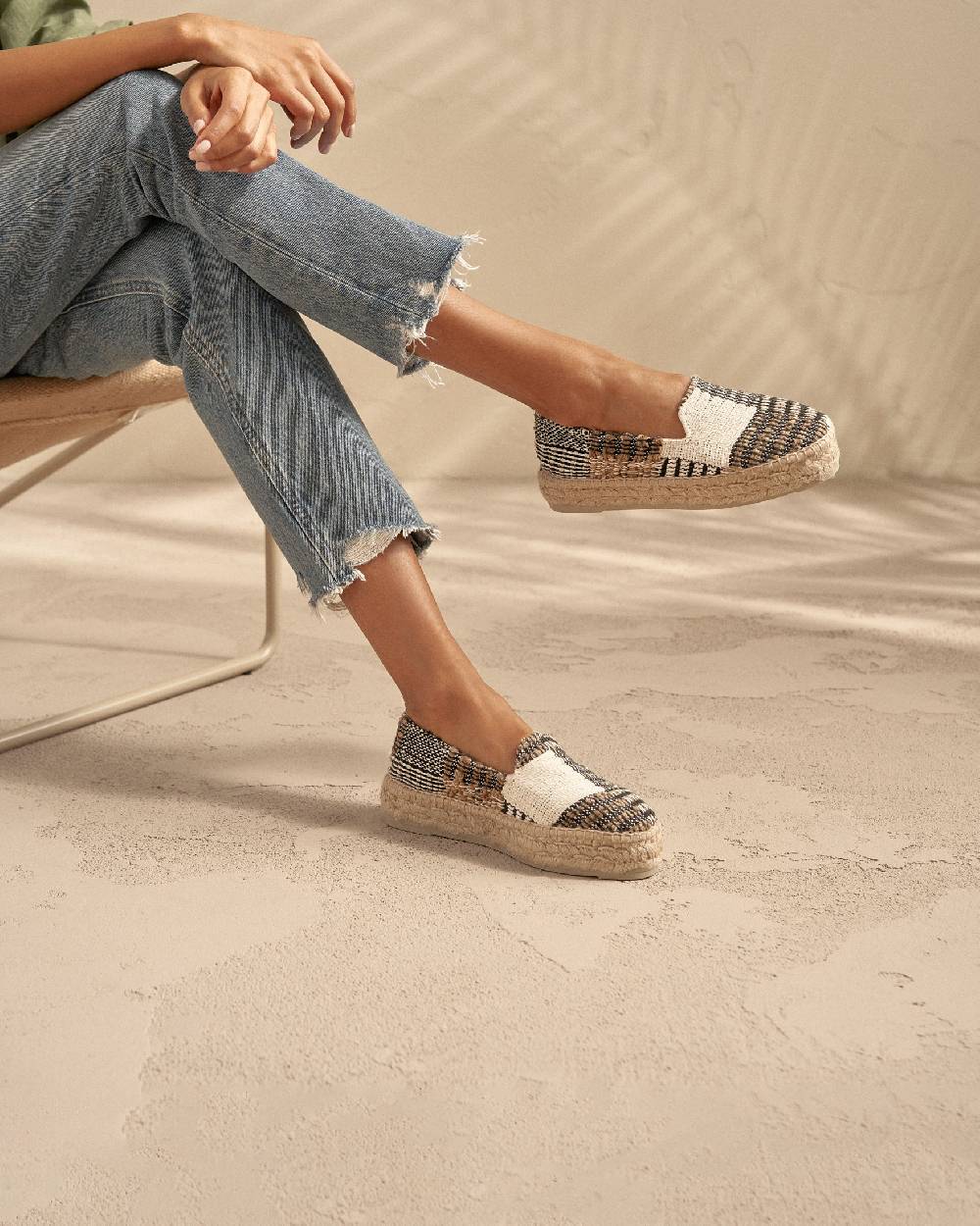 Manebí Silk And Cotton Patchwork|Double Sole Espadrilles - Yucatán White Natural And Black Vendita