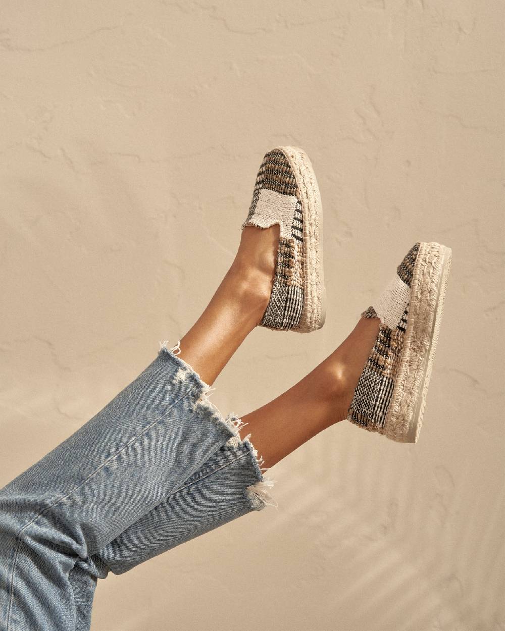 Manebí Silk And Cotton Patchwork|Double Sole Espadrilles - Yucatán White Natural And Black Vendita