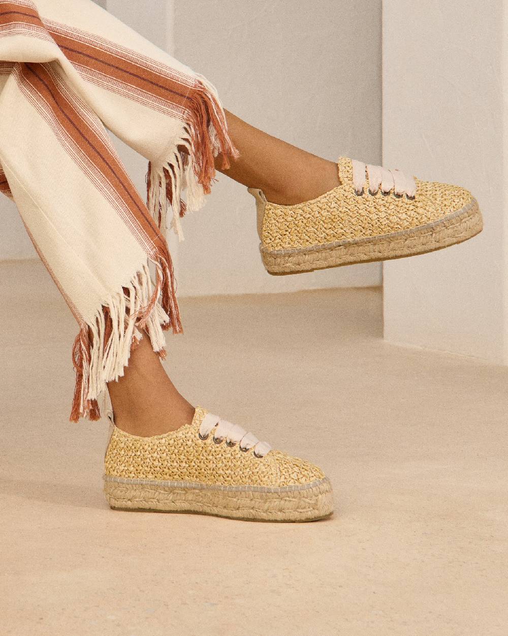 Manebí Raffia Lace-Up Espadrilles - Pink, Light Blue \u0026 Pastel Rose Laces Raffia Net Affare Del Giorno