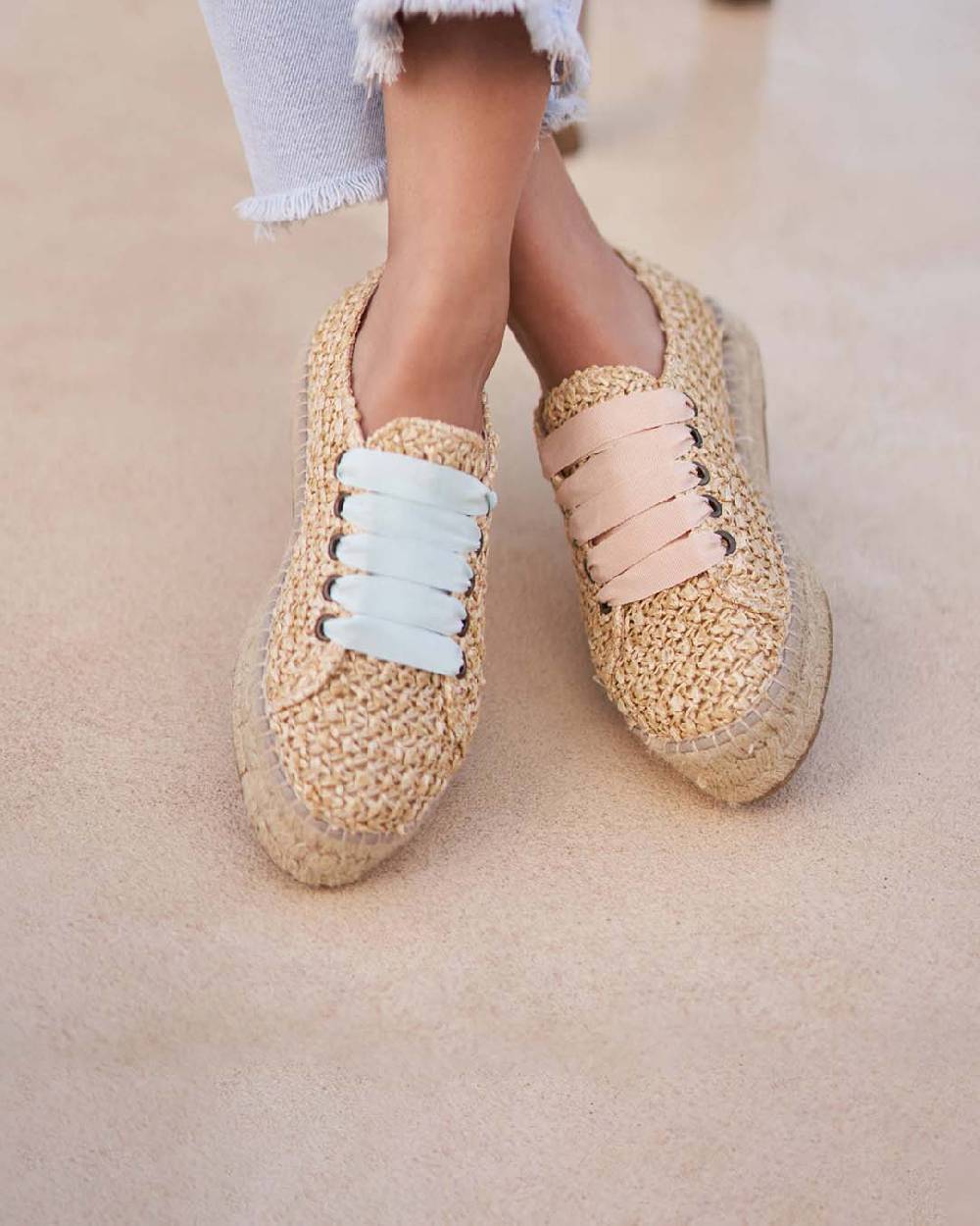 Manebí Raffia Lace-Up Espadrilles - Pink, Light Blue \u0026 Pastel Rose Laces Raffia Net Affare Del Giorno
