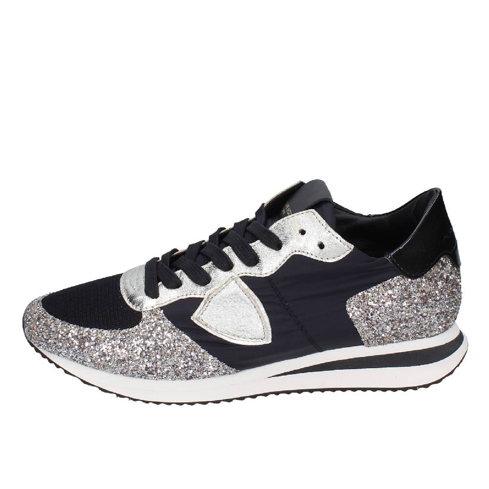 scarpe donna PHILIPPE MODEL sneakers nero tessuto platino glitter EX366 Prezzo Ridotto