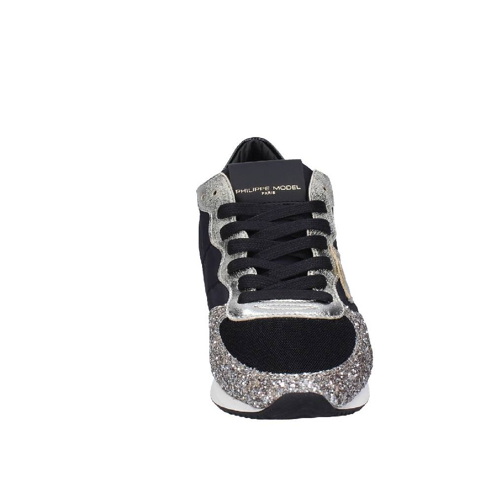 scarpe donna PHILIPPE MODEL sneakers nero tessuto platino glitter EX366 Prezzo Ridotto