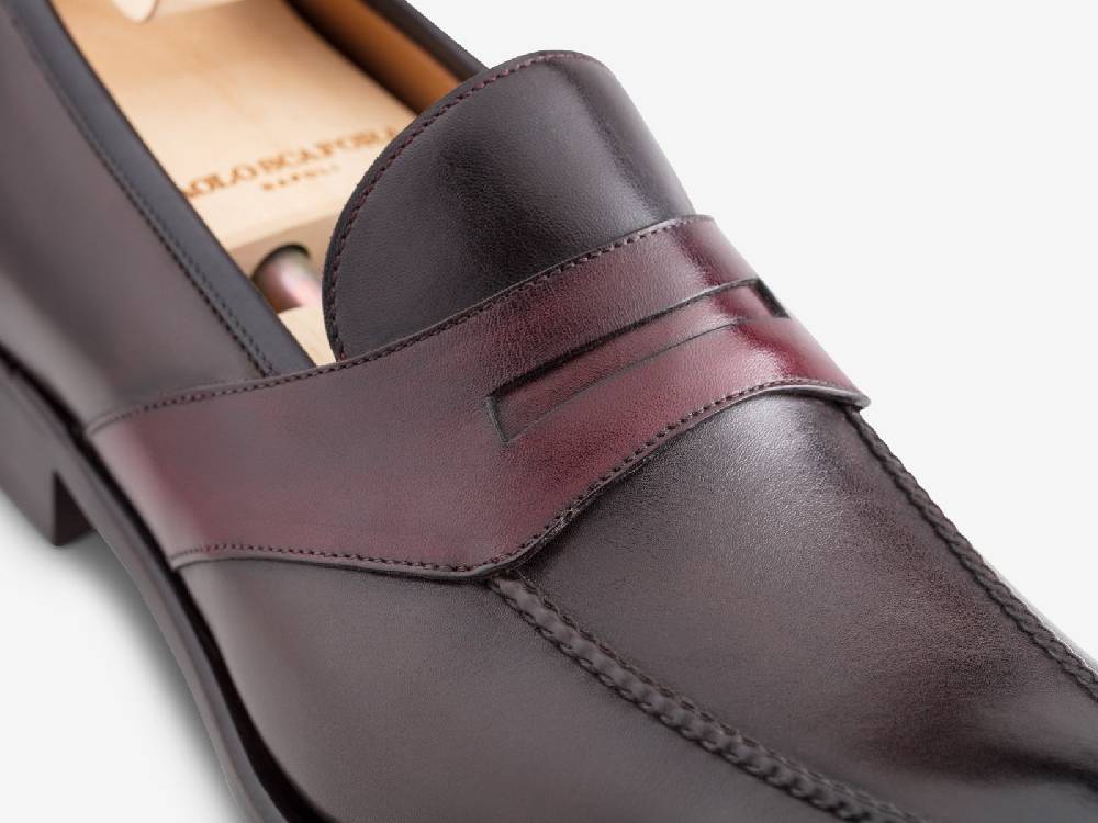 Paolo Sartori ART. 729 Loafer in Antiqued Vietri, Bordeaux and Black Leather Qualità