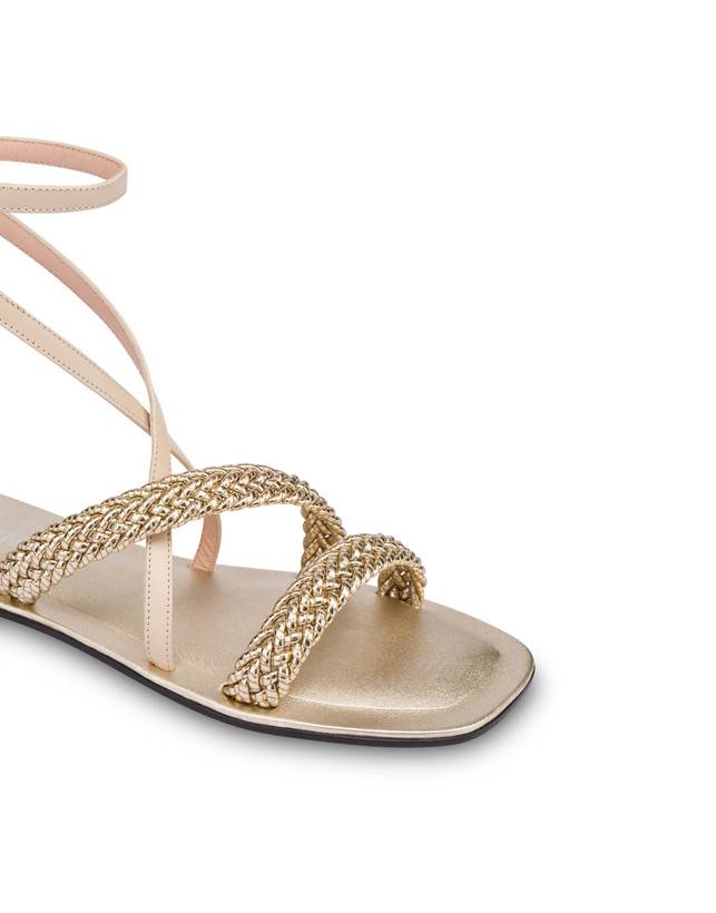 Pollini Sandali Flat In Vitello E Specchio Laminato Italian Savoir Faire Platino/sabbia Moda