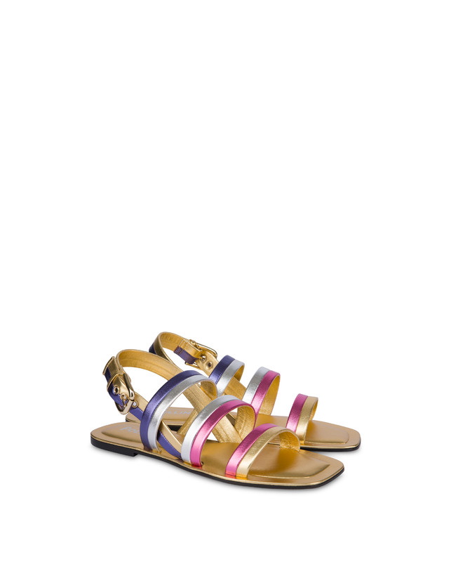 Pollini Sandali Flat In Nappa Laminata Rainbow Oro/peonia/argento/iris Vendita