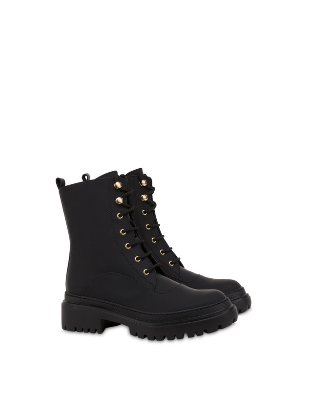 Pollini Combat Boot In Vitello Gommato Winter Step Nero Saldi Di Fabbrica