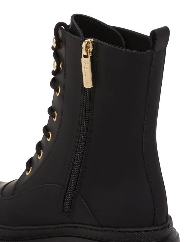 Pollini Combat Boot In Vitello Gommato Winter Step Nero Saldi Di Fabbrica