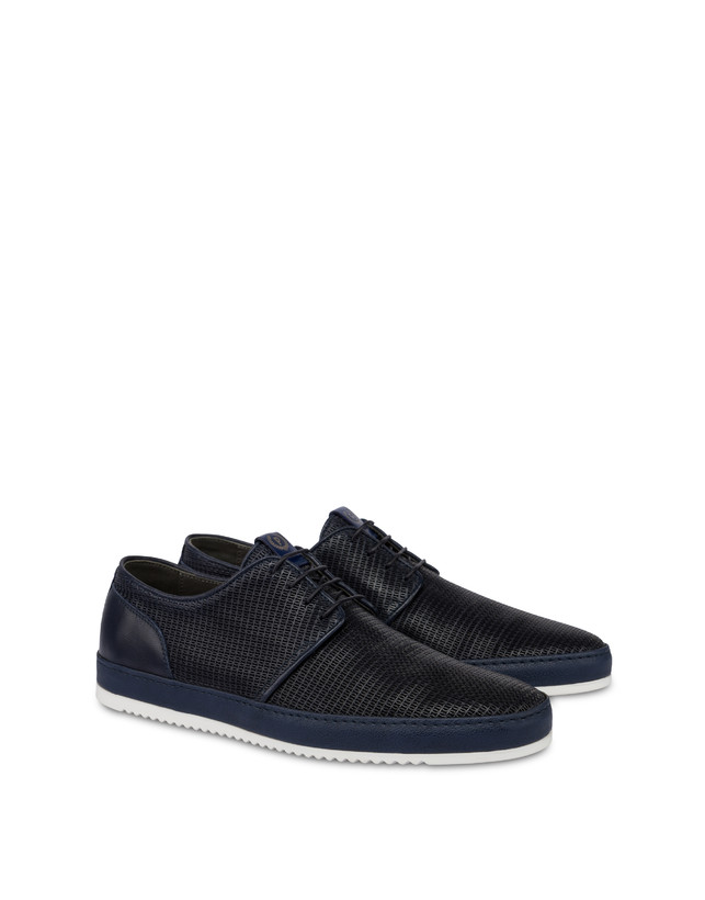 Pollini Derby In Pelle Stampa Traforata Foxing Blu Vendita Calda