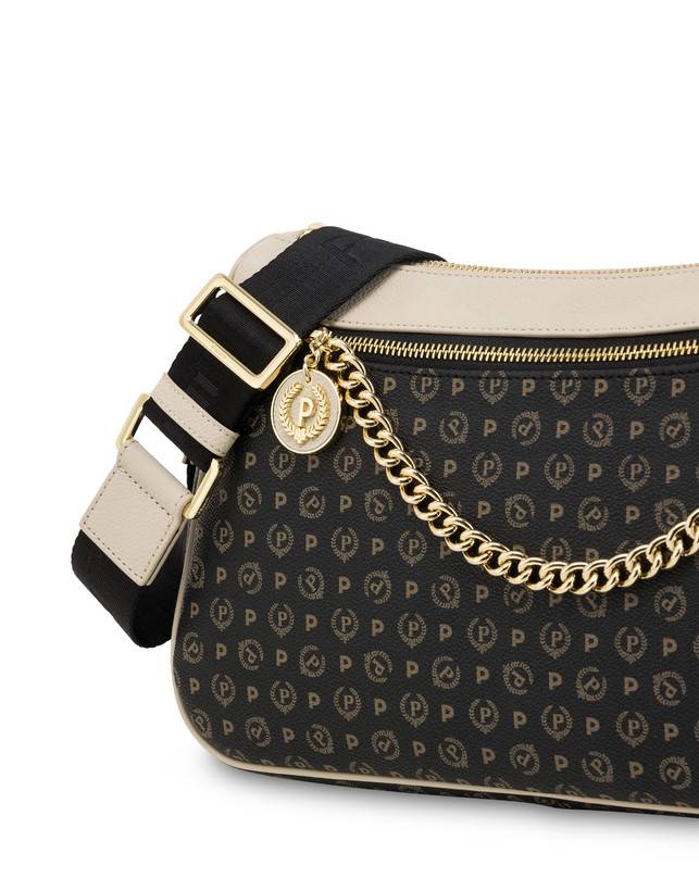 Pollini Borsa A Tracolla In Pvc Heritage Logo Classic Nero/avorio Grande vendita