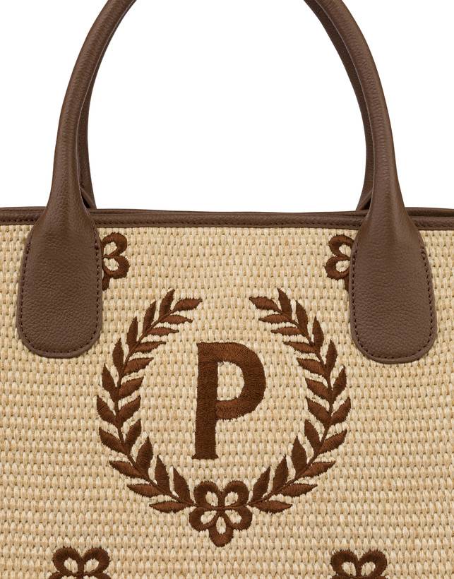 Pollini Tote Bag In Paglia Macro Heritage Medium Naturale/t.moro/marrone Offerta Anniversario