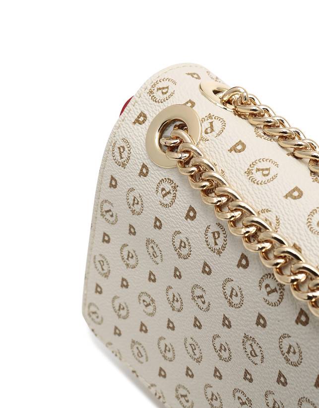 Pollini Borsa A Spalla Con Catena Heritage Logo Classic Avorio/lacca Offerta Anniversario