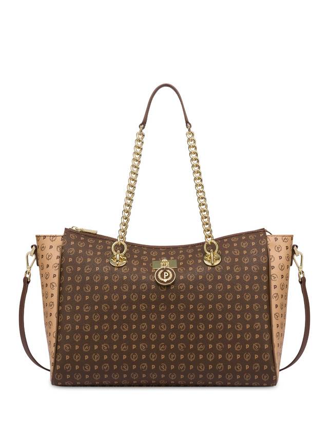 Pollini Borsa Doppio Manico Bicolore Heritage Logo Classic Marrone/crema/marrone Spedizione Gratuita
