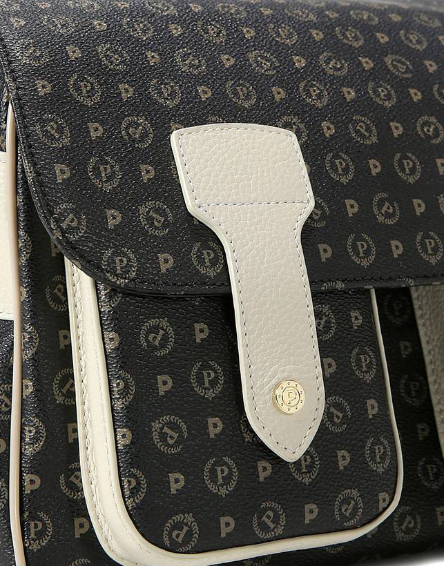 Pollini Borsa A Spalla Multitasche Heritage Logo Classic Nero/avorio In Saldo