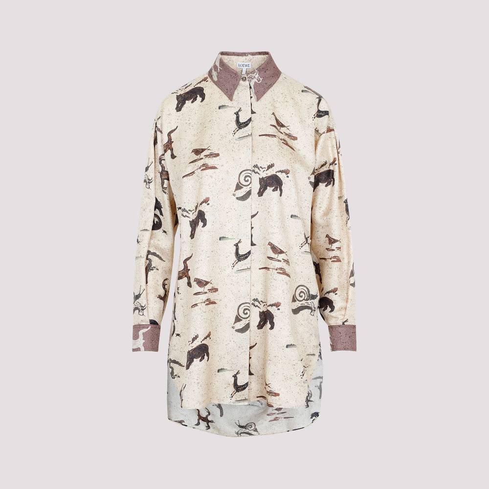 LOEWE  Camicia Oversize da Donna Loewe in Seta Beige con Stampa Animalier Promozione Limitata