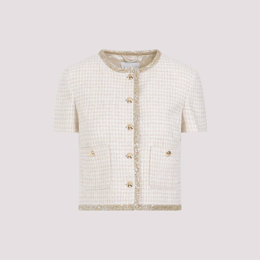 MIU MIU  Giacca in Lana Vergine Pied de Poule Avorio MIU MIU con Bordo di Paillettes Negozio