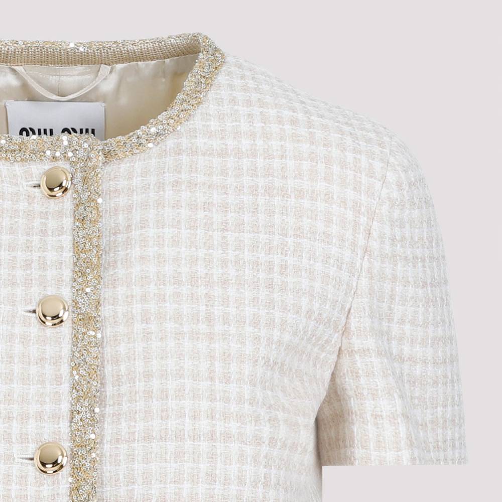MIU MIU  Giacca in Lana Vergine Pied de Poule Avorio MIU MIU con Bordo di Paillettes Negozio