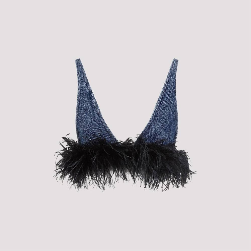 MIU MIU  Top di Cotone Blu con Piume Miu Miu 2025