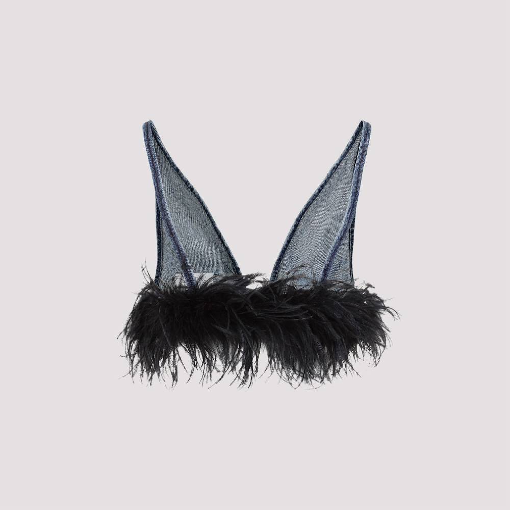 MIU MIU  Top di Cotone Blu con Piume Miu Miu 2025