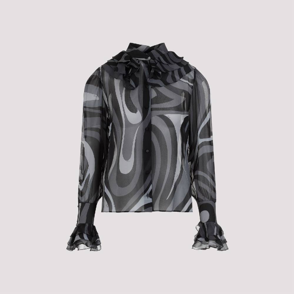 PUCCI  Camicia di Seta Nera Ruches PUCCI - Eleganza Femminile con Fantasia Ondulata Online