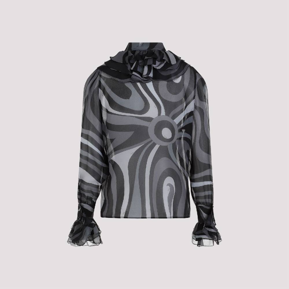 PUCCI  Camicia di Seta Nera Ruches PUCCI - Eleganza Femminile con Fantasia Ondulata Online