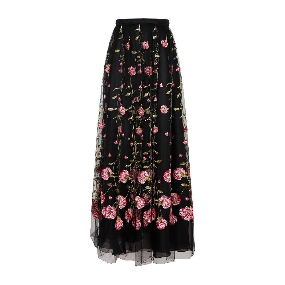 GIAMBATTISTA VALLI Gonna Midi in Tulle Nero Ricamato con Rose di Giambattista Valli
