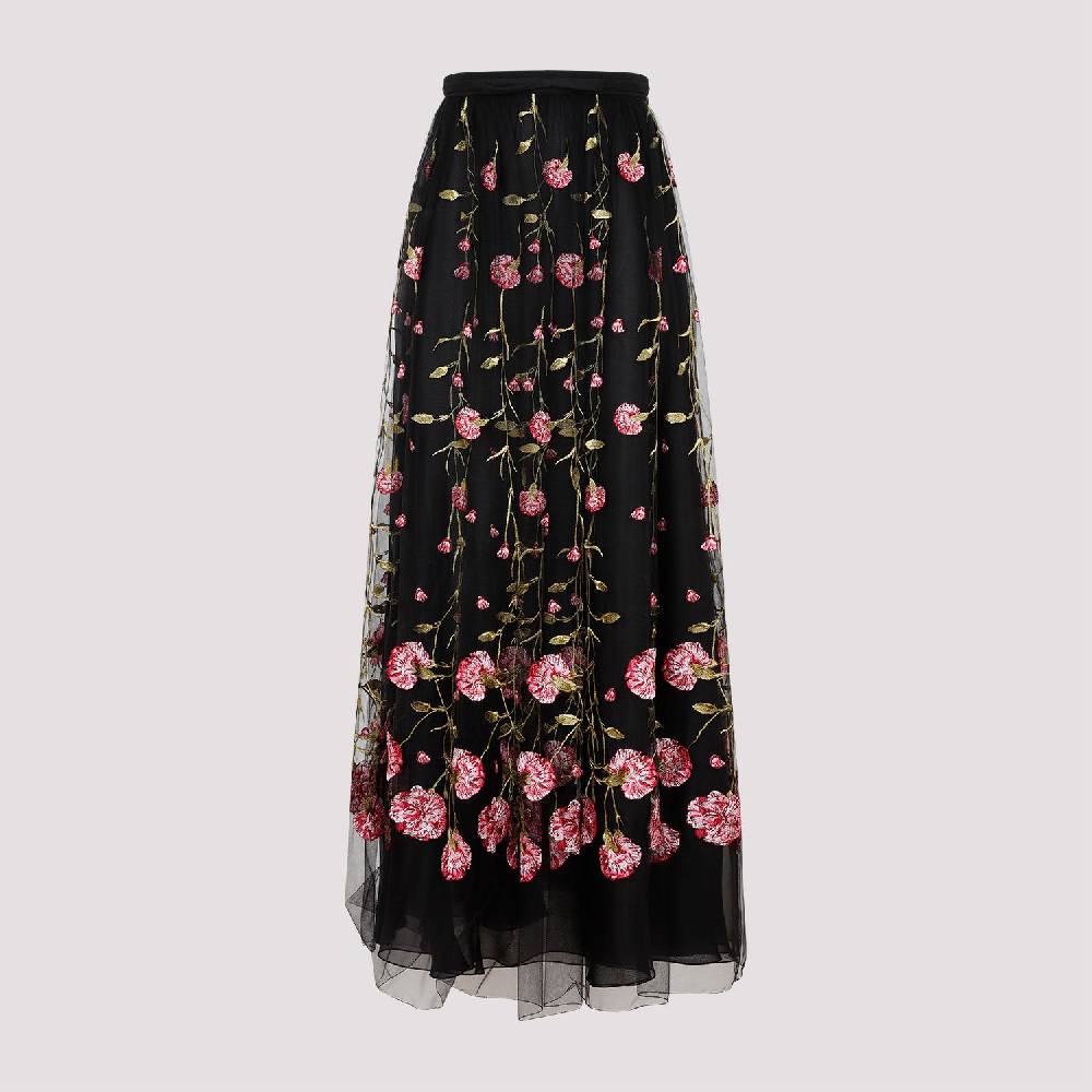 GIAMBATTISTA VALLI  Gonna Midi in Tulle Nero Ricamato con Rose di Giambattista Valli Negozio