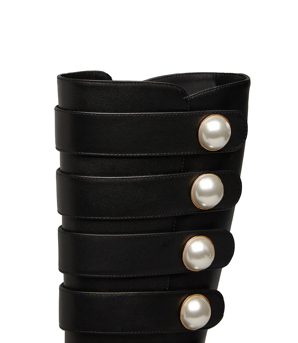 Loriblu Stivale in vitello nero con cinturini e borchie perla Fino al 60% di sconto