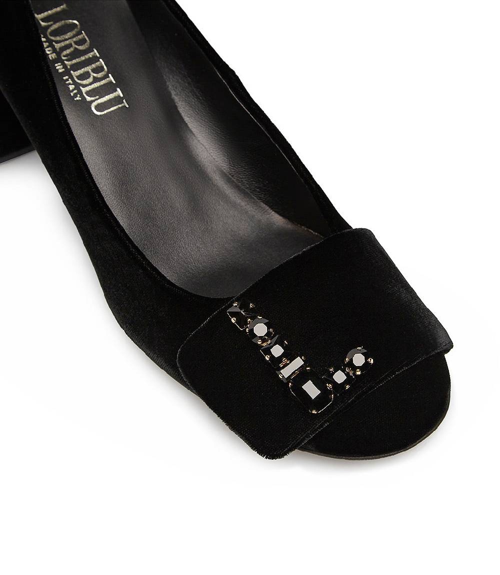Loriblu Décolleté in velluto nero con Logo Signature in cristalli Vendita Calda