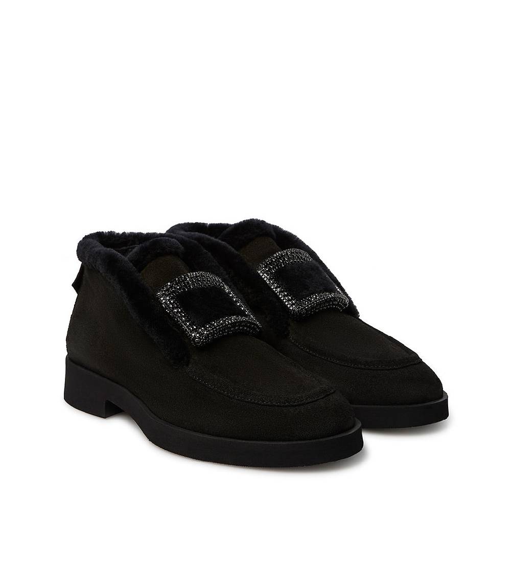 Loriblu Mocassini in camoscio e shearling nero con fibbia-gioiello 50% di sconto con spedizione gratuita