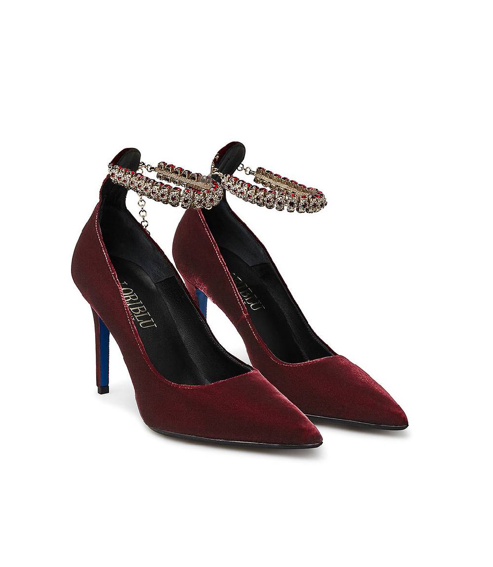 Loriblu Décolleté in velluto rosso rubino con cinturino gioiello Promozione Limitata