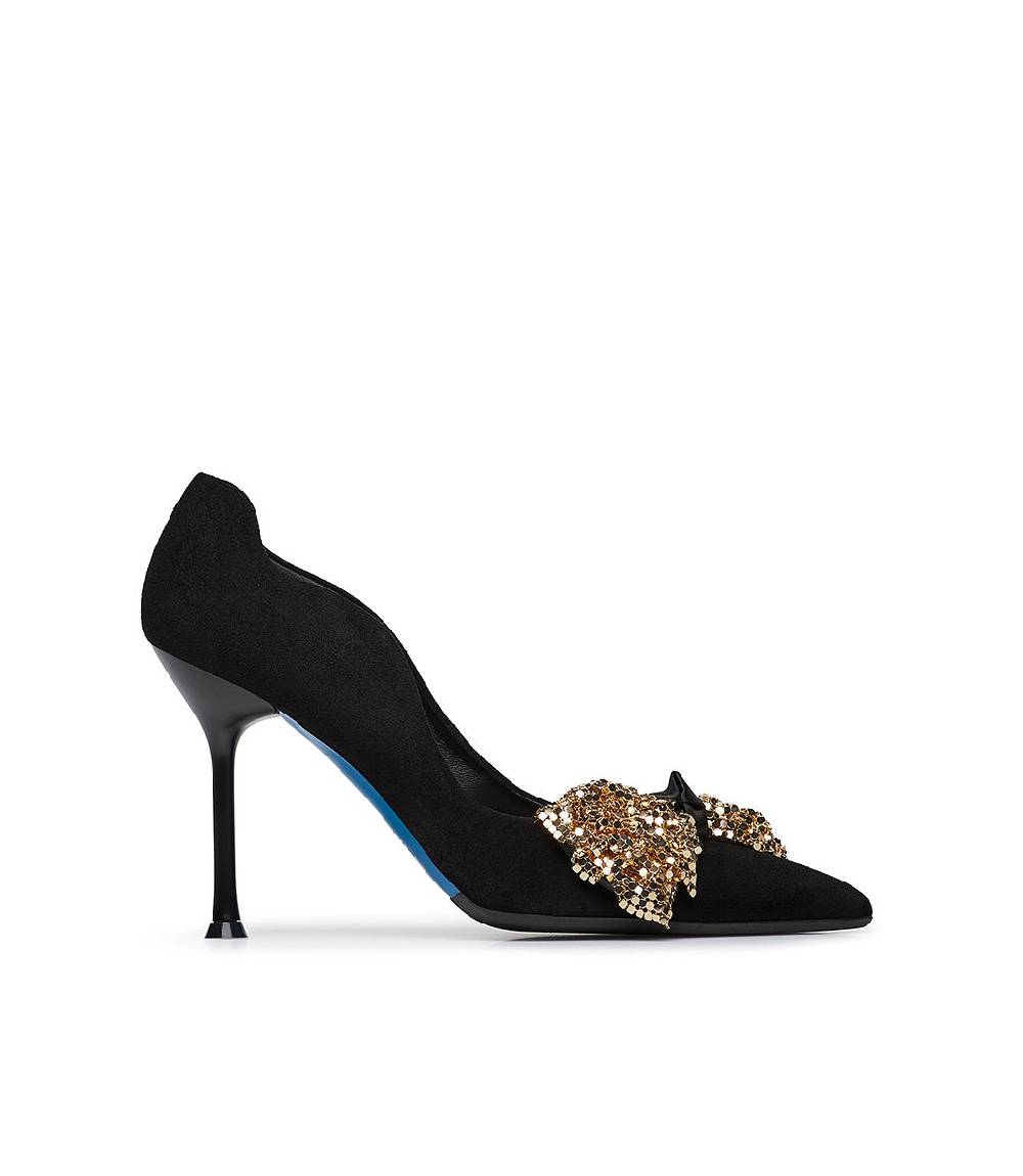 Loriblu Décolleté onda in camoscio nero con fiocco full metal oro Shopping Online
