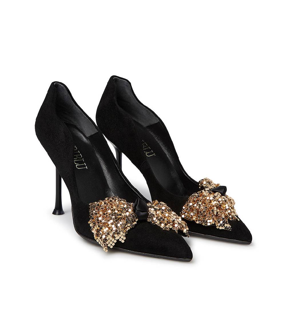 Loriblu Décolleté onda in camoscio nero con fiocco full metal oro Shopping Online