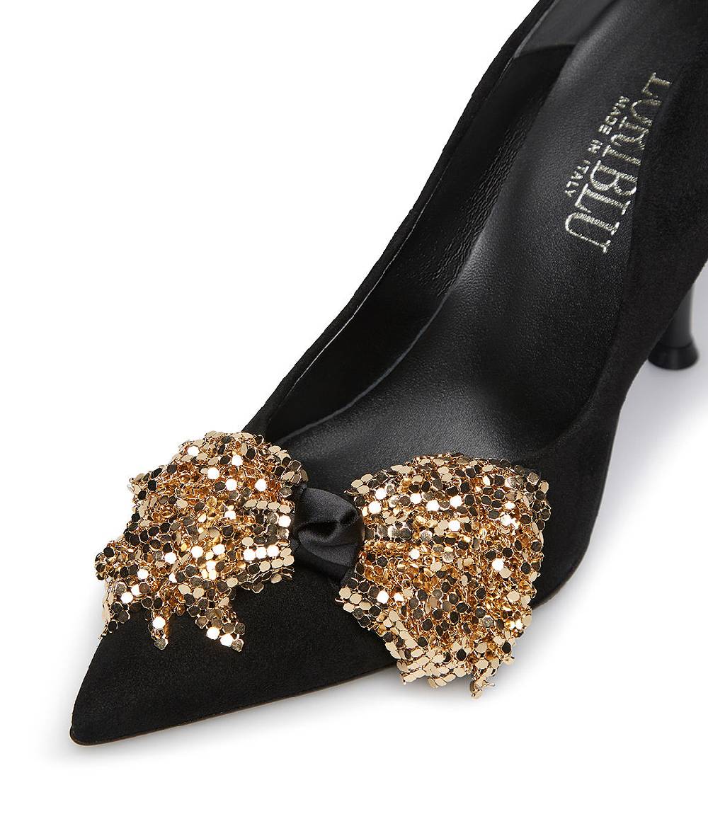 Loriblu Décolleté onda in camoscio nero con fiocco full metal oro Shopping Online