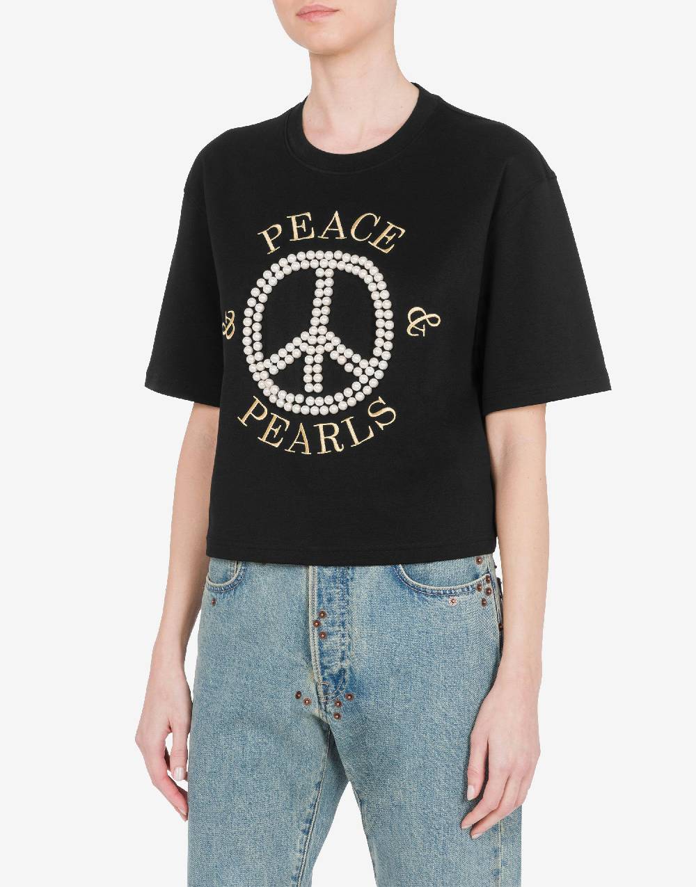 Love Moschino T-shirt in interlock di cotone Peace & Pearls Qualità
