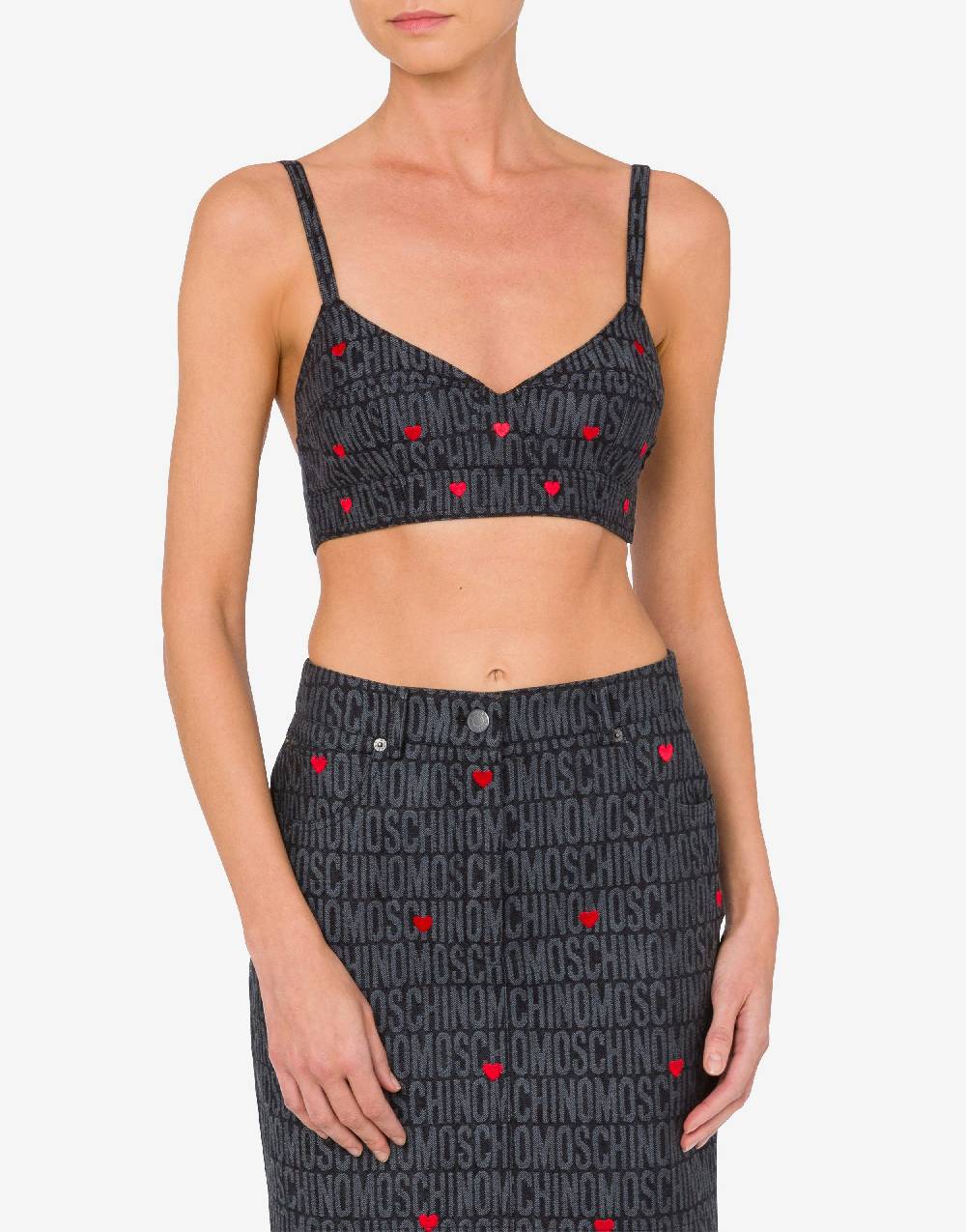 Love Moschino Crop top in denim con cuori Allover Logo Nuovo