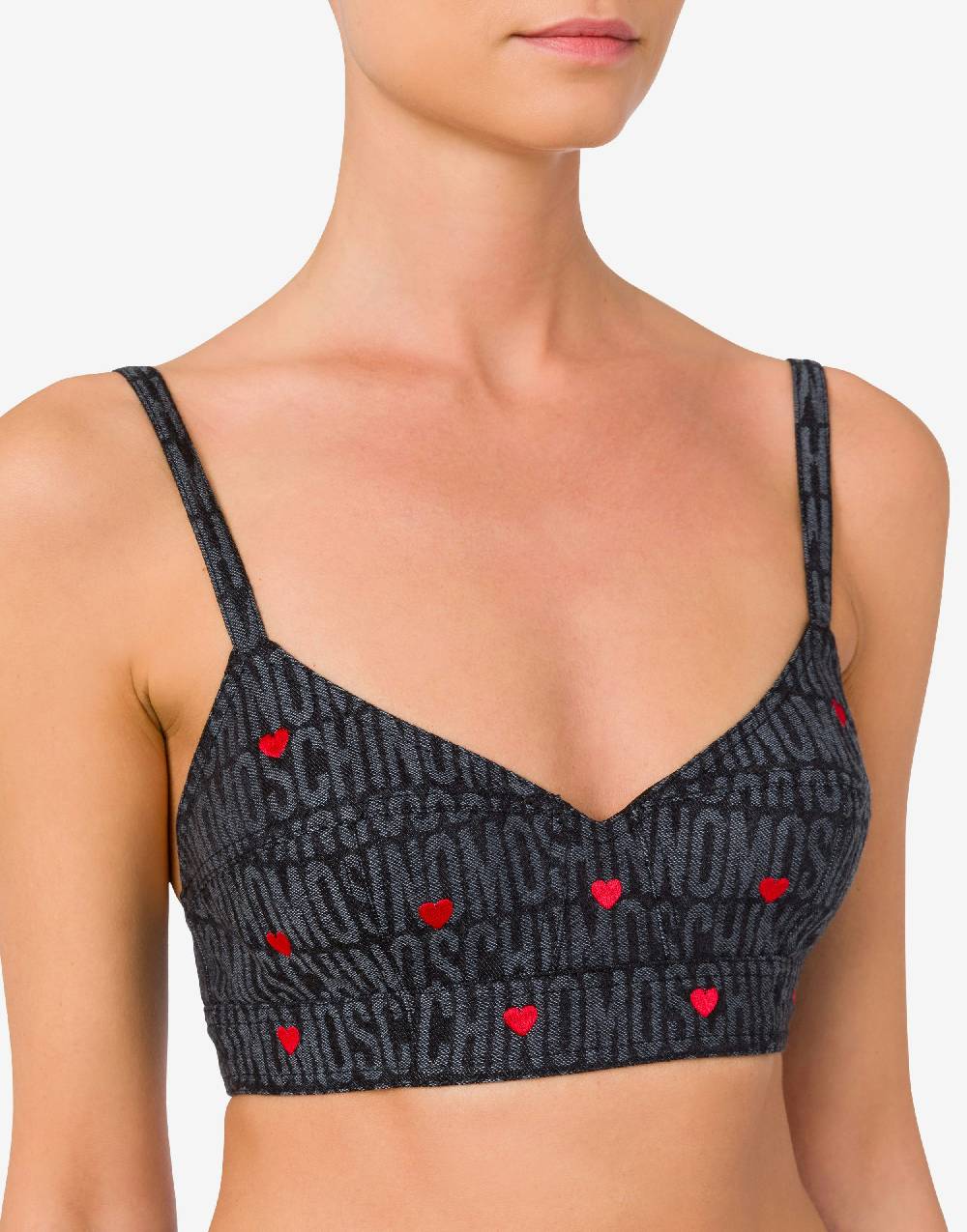 Love Moschino Crop top in denim con cuori Allover Logo Nuovo