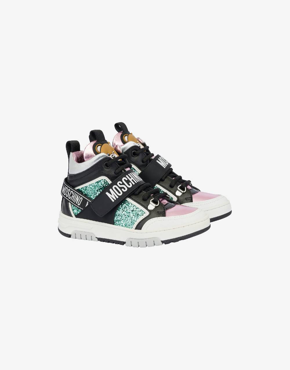 Love Moschino Sneakers alte in glitter e vitello Teddy Patch Moda