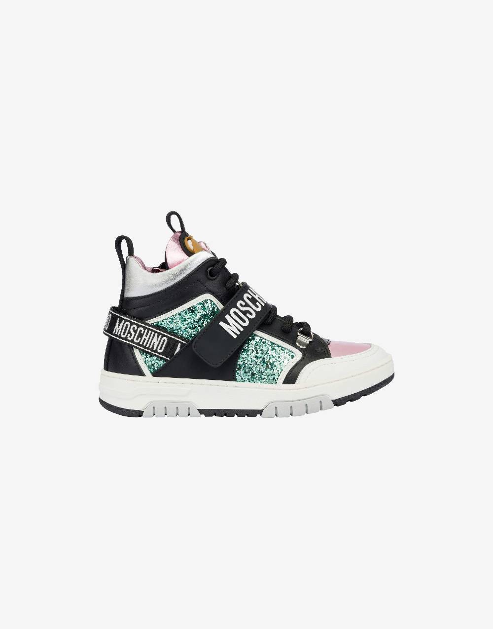 Love Moschino Sneakers alte in glitter e vitello Teddy Patch Moda