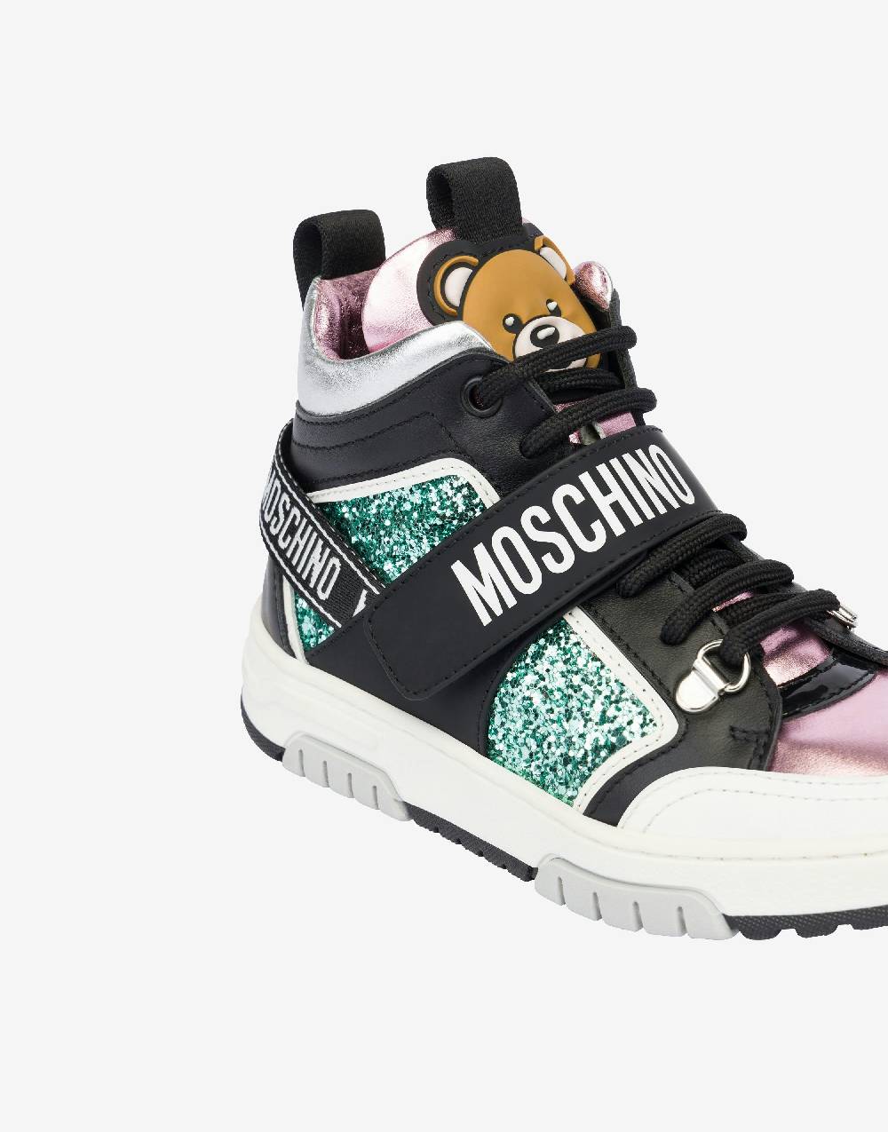Love Moschino Sneakers alte in glitter e vitello Teddy Patch Moda