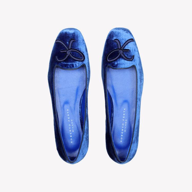 Roberto Festa BALLERINA IN VELLUTO BLU CHINA CON RICAMO RF FELIX Offerta temporanea