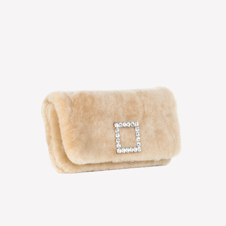Roberto Festa BORSA CLUTCH IN MONTONE EFFETTO VISONE MIELE CON FIBBIA QUADRA COLOR GOLD CON CRISTALLI CAPRILUX Moda