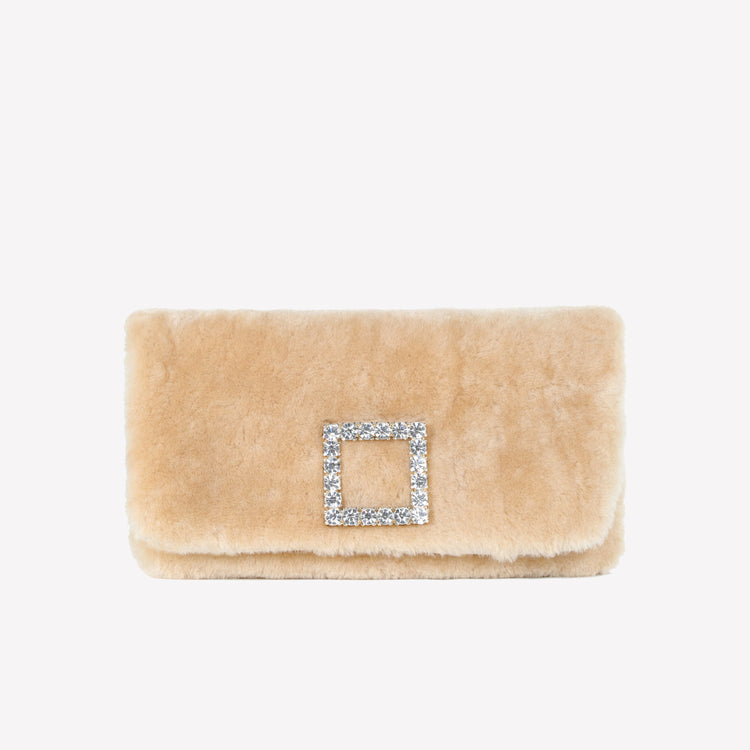 Roberto Festa BORSA CLUTCH IN MONTONE EFFETTO VISONE MIELE CON FIBBIA QUADRA COLOR GOLD CON CRISTALLI CAPRILUX Moda