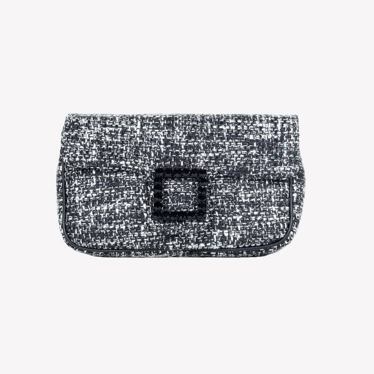 Roberto Festa BORSA A SPALLA IN TESSUTO CHICCO DI RISO BIANCO NERO CON ACCESSORIO FIBBIA QUADRA CON CRISTALLI LUNETTE Italy