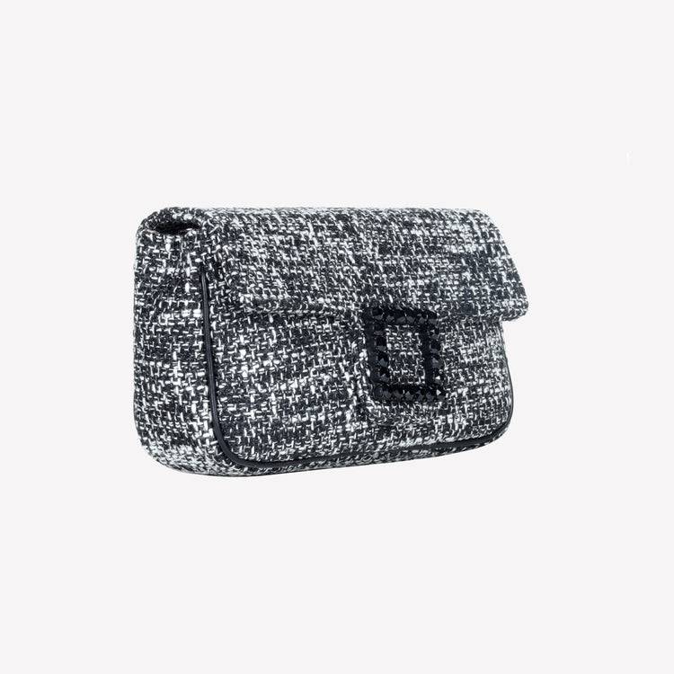 Roberto Festa BORSA A SPALLA IN TESSUTO CHICCO DI RISO BIANCO NERO CON ACCESSORIO FIBBIA QUADRA CON CRISTALLI LUNETTE Italy