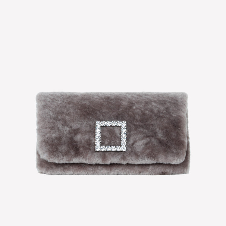 Roberto Festa BORSA CLUTCH IN MONTONE EFFETTO VISONE NUTRIA CON FIBBIA QUADRA COLOR SILVER CON CRISTALLI CAPRILUX Nuovo