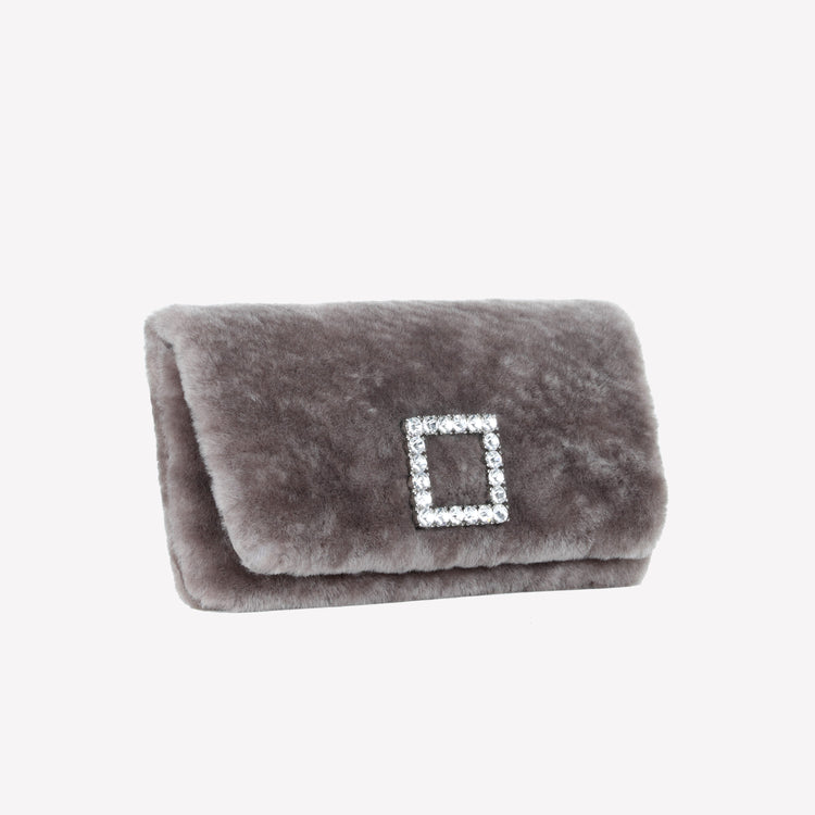 Roberto Festa BORSA CLUTCH IN MONTONE EFFETTO VISONE NUTRIA CON FIBBIA QUADRA COLOR SILVER CON CRISTALLI CAPRILUX Nuovo