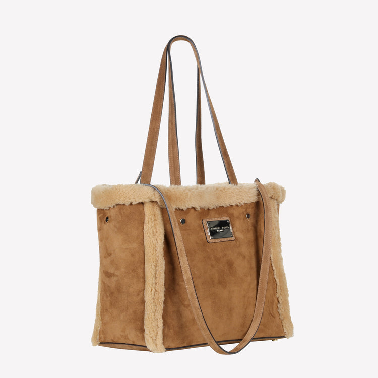 Roberto Festa BORSA SHOPPING IN CAMOSCIO LIGHT BRUCIATO CON RIPORTI IN MONTONE MIELE RAISSA Pezzi Unici