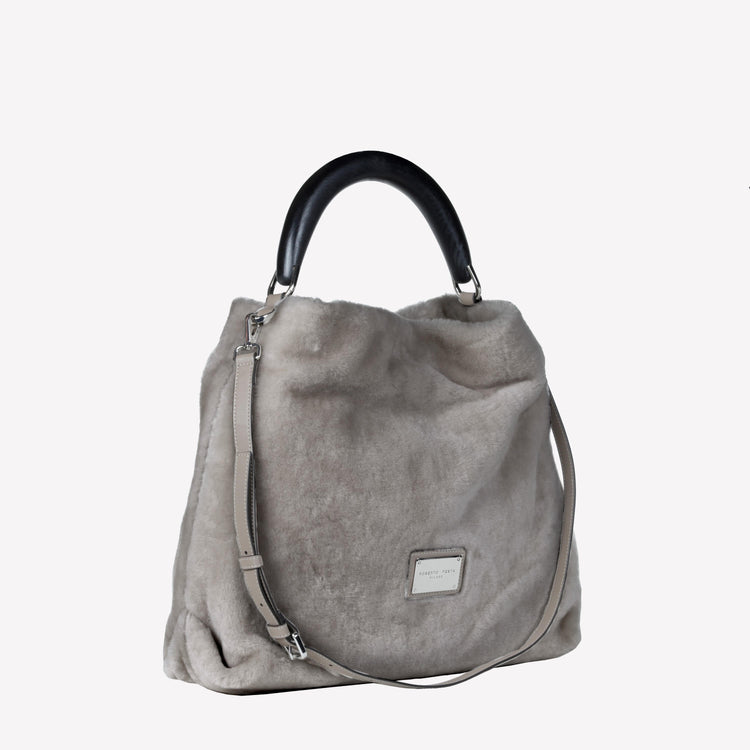 Roberto Festa BORSA A SPALLA IN MONTONE EFFETTO VISONE COLOR NUTRIA CON MANICO IN LEGNO NERO BIANCA Soddisfazione Garantita
